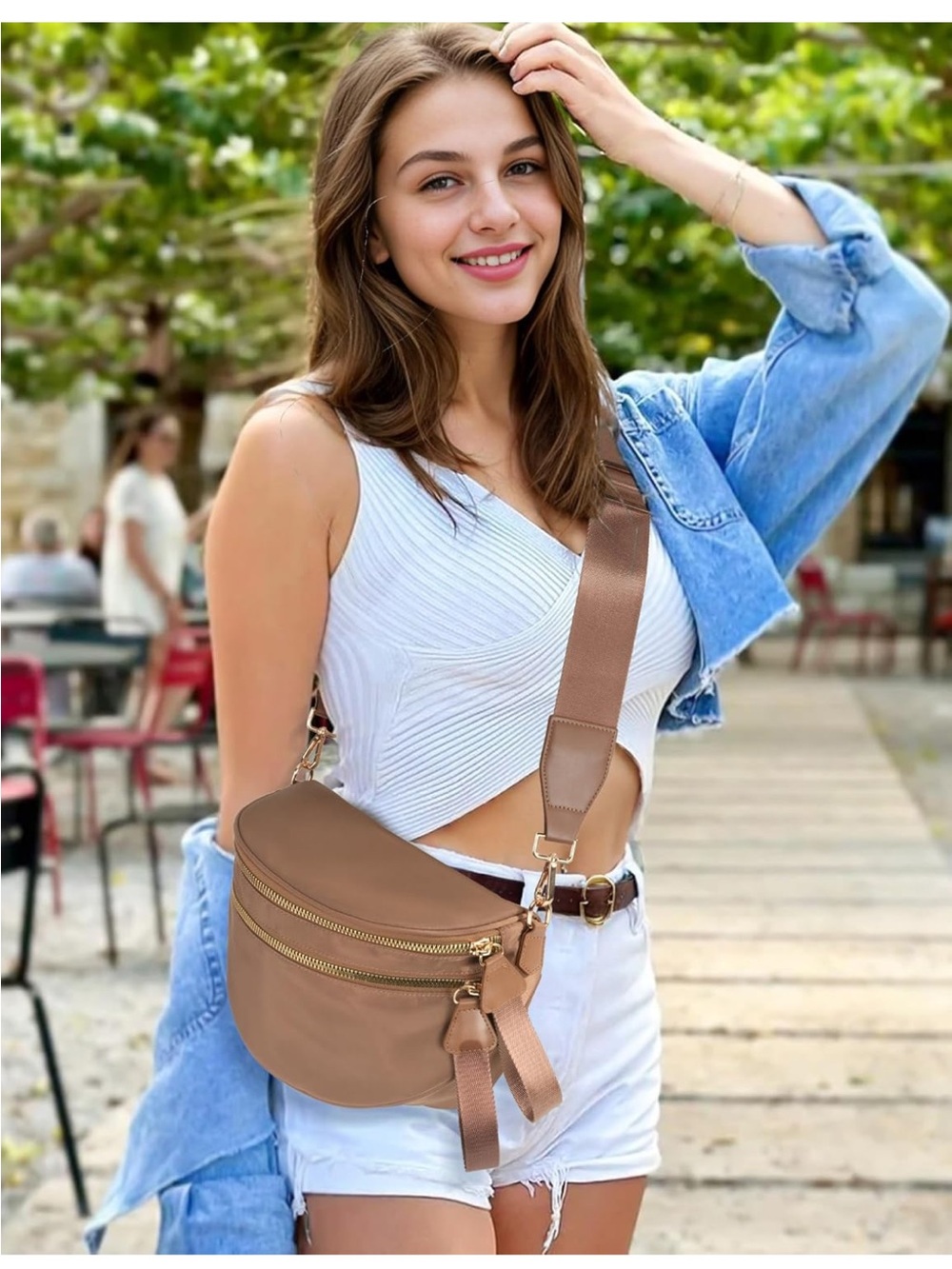Women’s Brown Crossbody Bag with Gold Zippers - Picture 2 of 8
